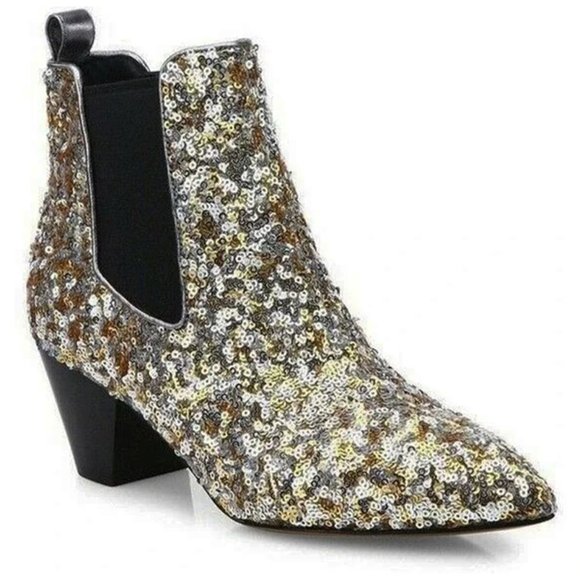 NWT Marc Jacobs Kim Sequin‎ Chelsea Booties Embellished Block Heel Gold Silver 9 - Picture 1 of 10